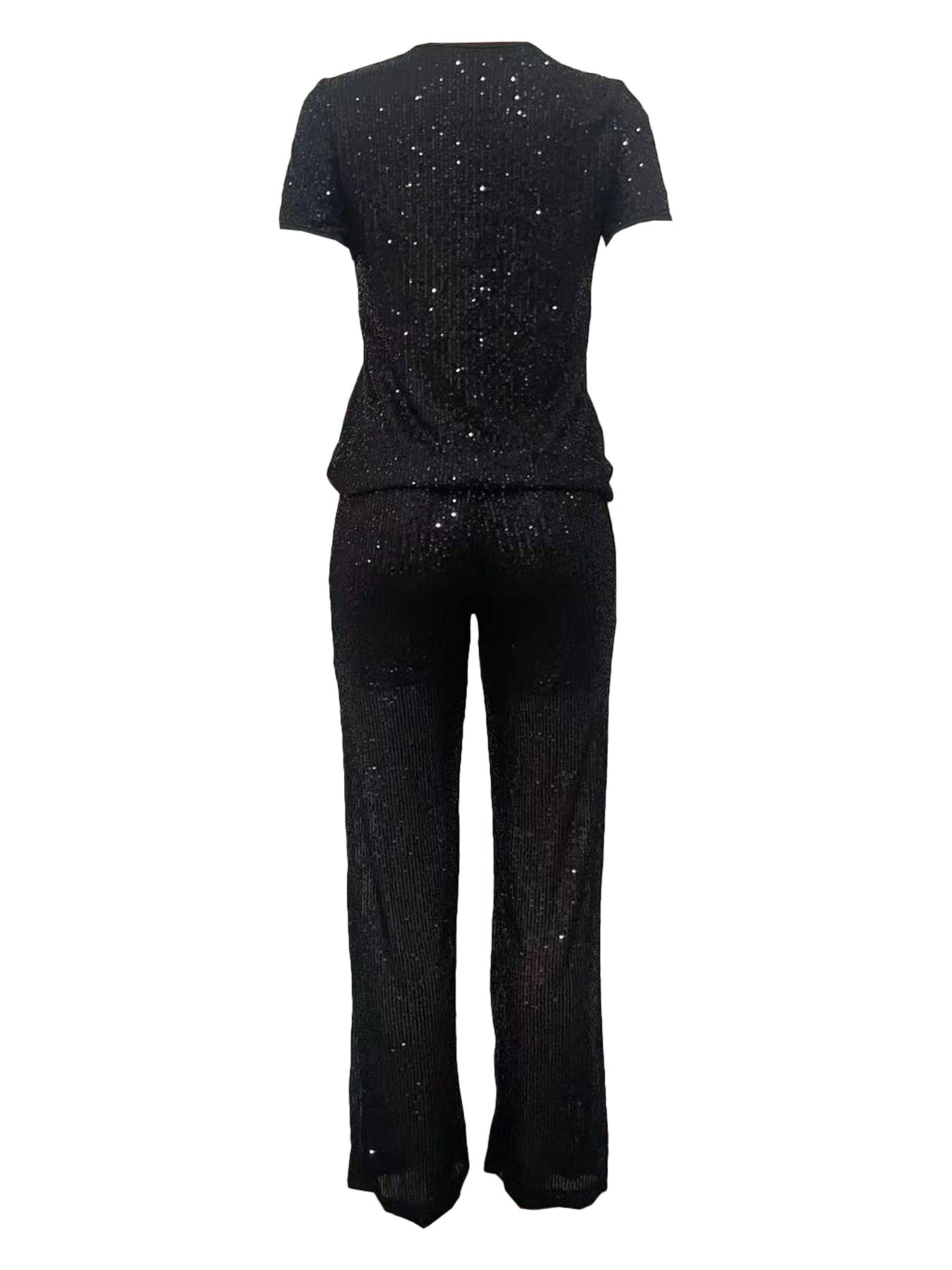 Women Spring Summer Sequin Solid Short Sleeve Top and Pants Two-piece Set 25