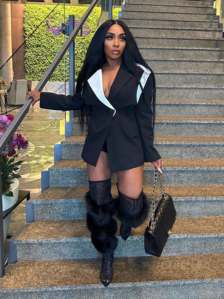 Women's Autumn and Winter Fashionable Color Block Chic Elegant Blazer 4