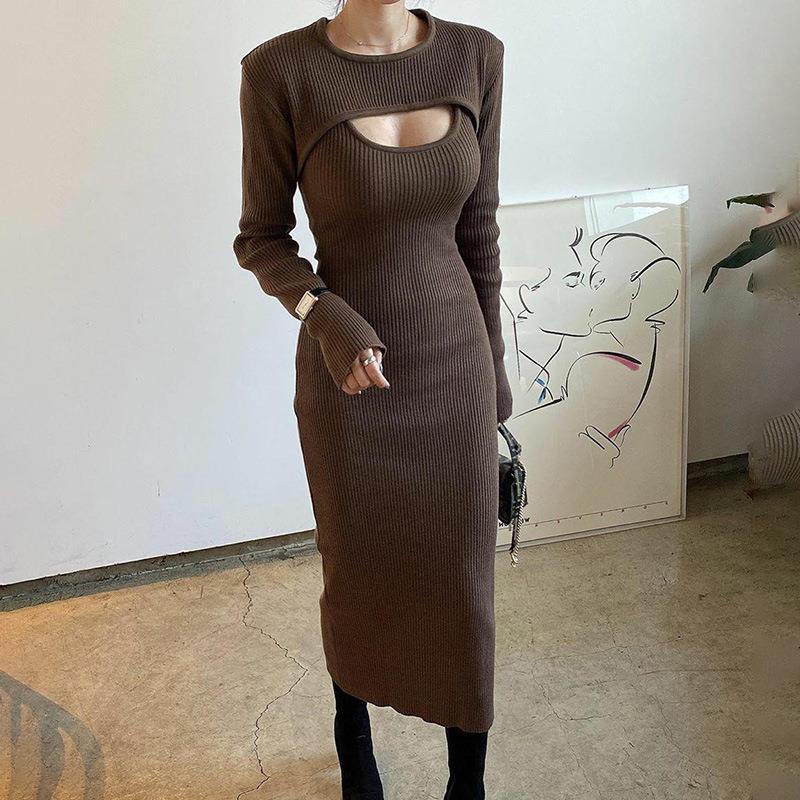 Women sexy hollow long-sleeved Top and slit suspender dress two-piece set