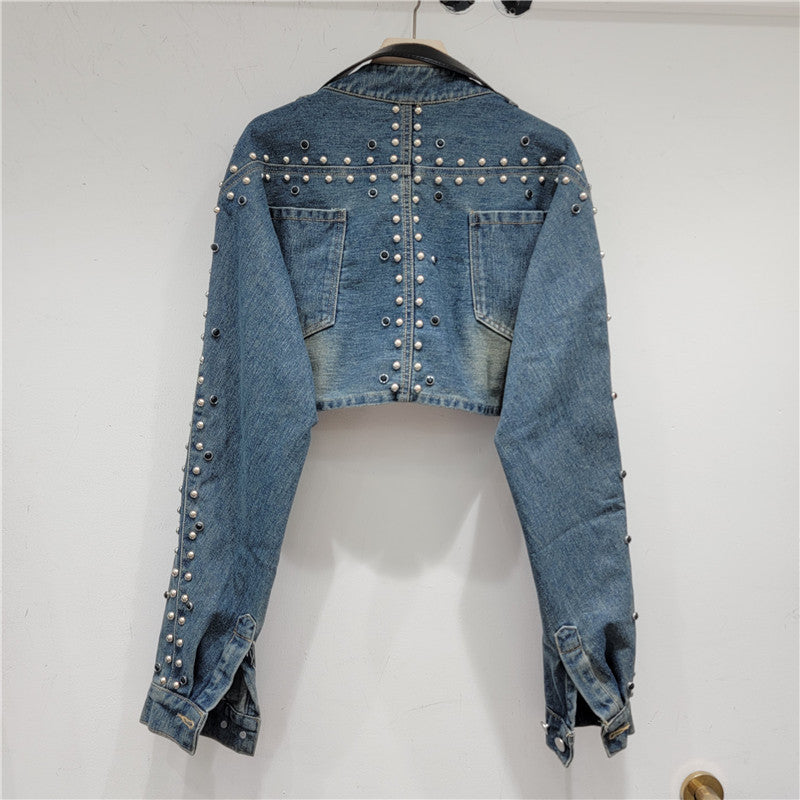 Turndown Collar Long Sleeve Beaded Decoration Street Trend Denim Jacket 3