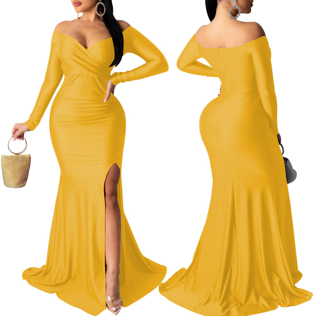 Sexy Fashion Big V-Neck Solid Off Shoulder Slit Evening Dress