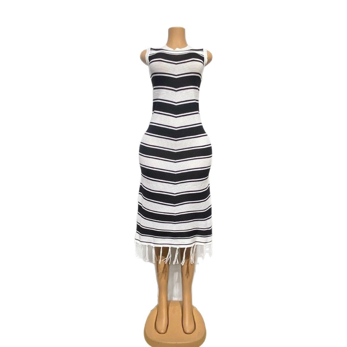 Tight Fitting Striped Tassel Sweater Dress Slim Fit Knit Fashionable Elegant Dress 10