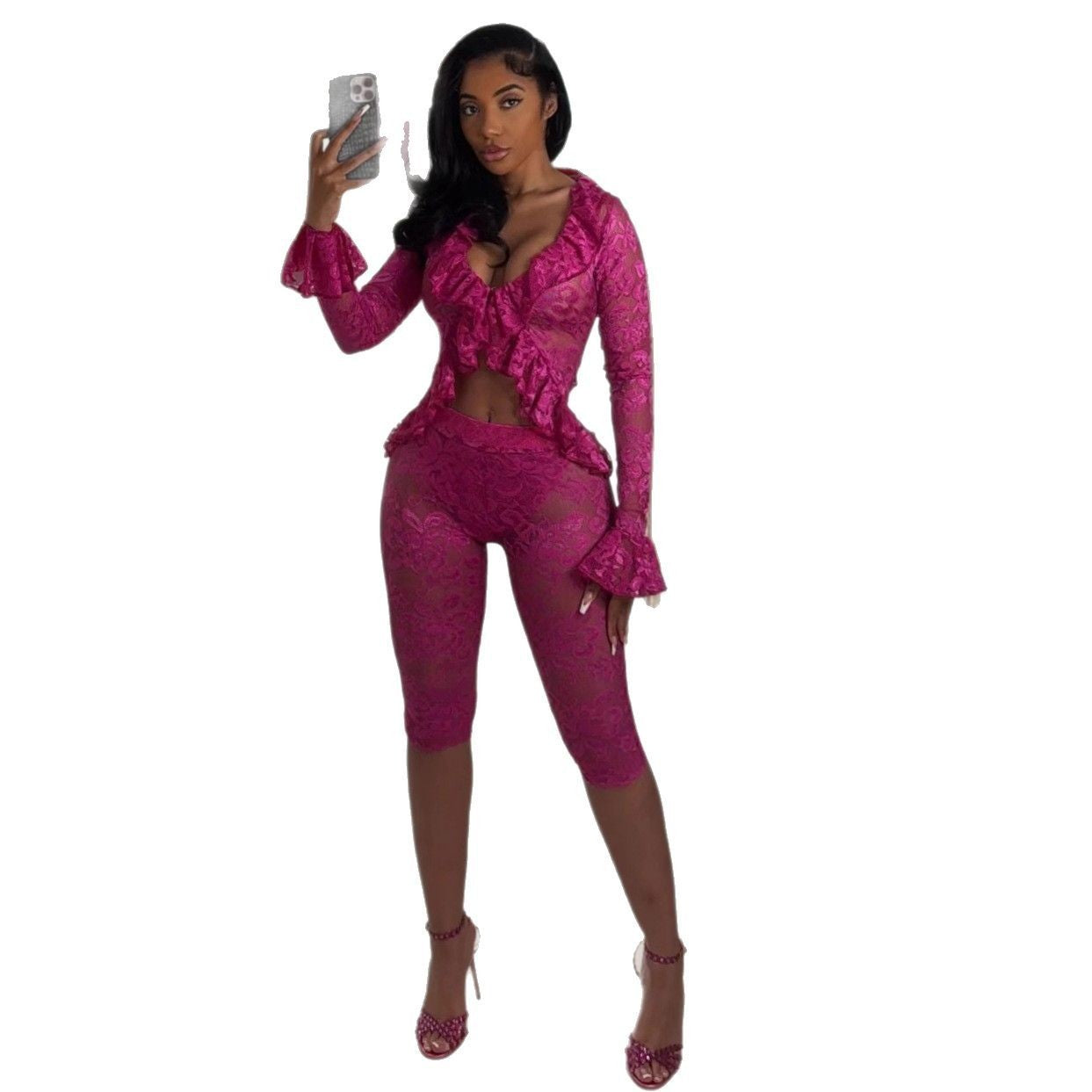 Spring Women's Sexy Solid Color Hollow Lace Two-Piece Shorts Set 11