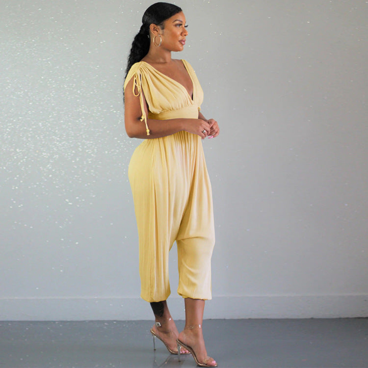 Women Casual Drawstring V Neck Wide Leg Jumpsuit 6