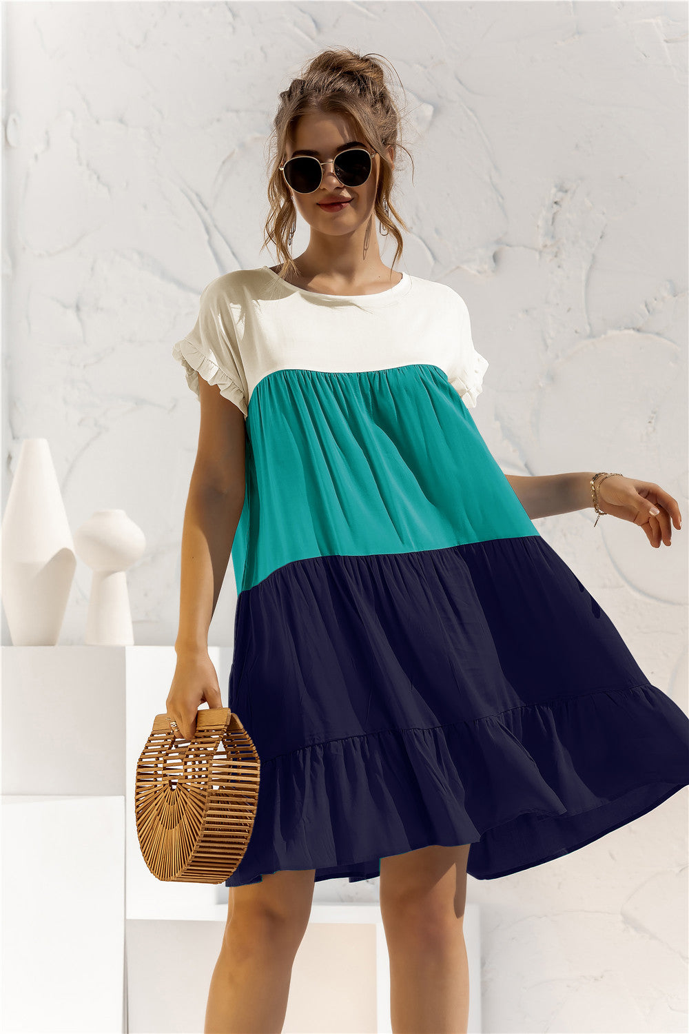Women Summer Colorblock Loose Short Sleeve Dress 3