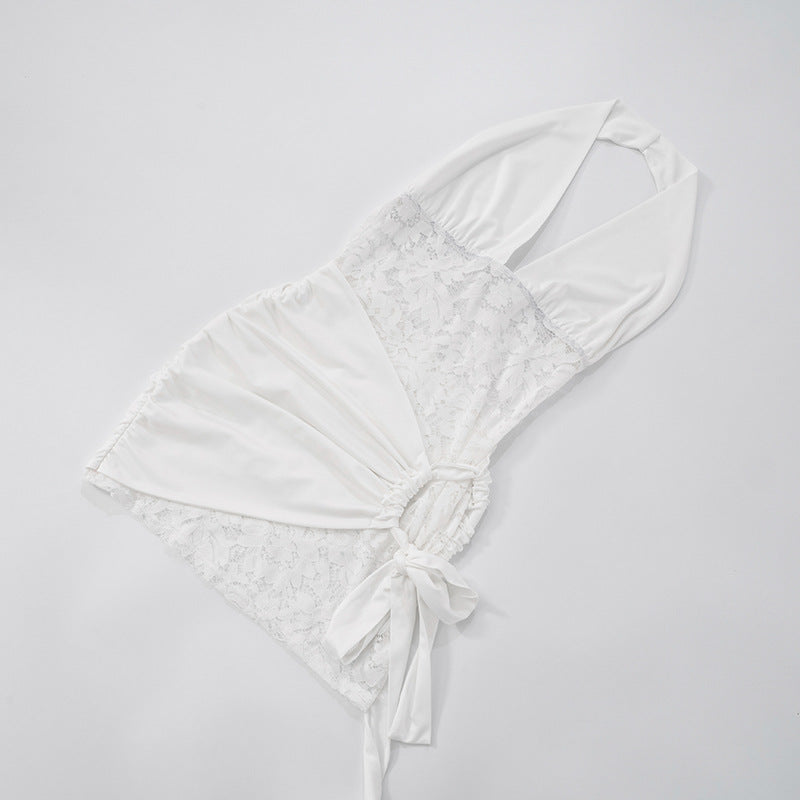 Women Sexy Halter Neck Lace Patchwork Gathered Tie Bodycon Dress 15