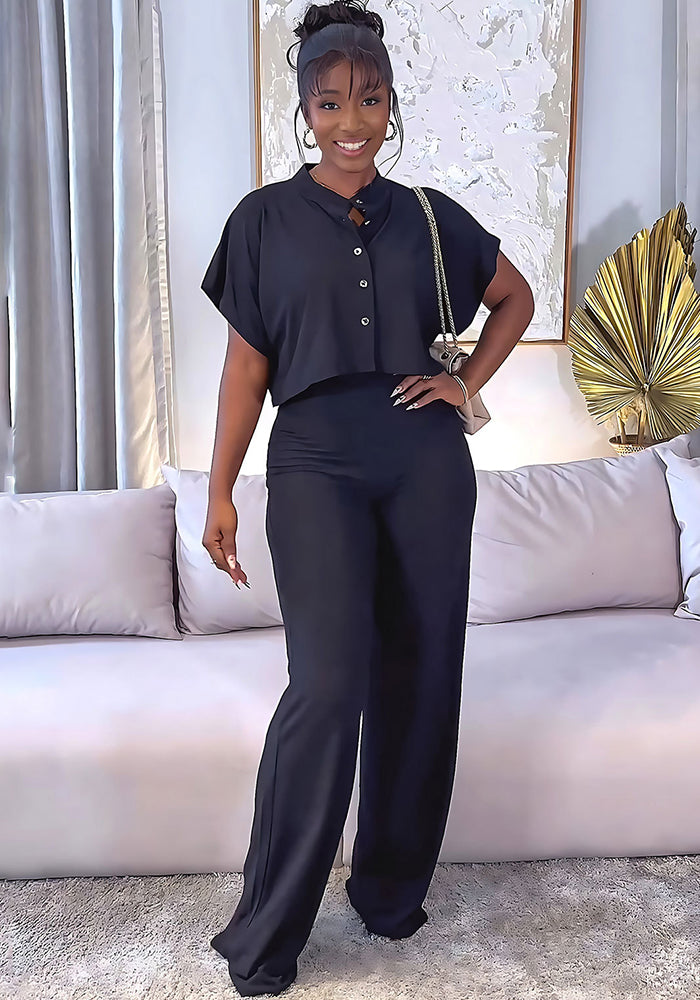 Versatile short Sleeve Shirt top solid color straight women's trousers Casual two-piece set