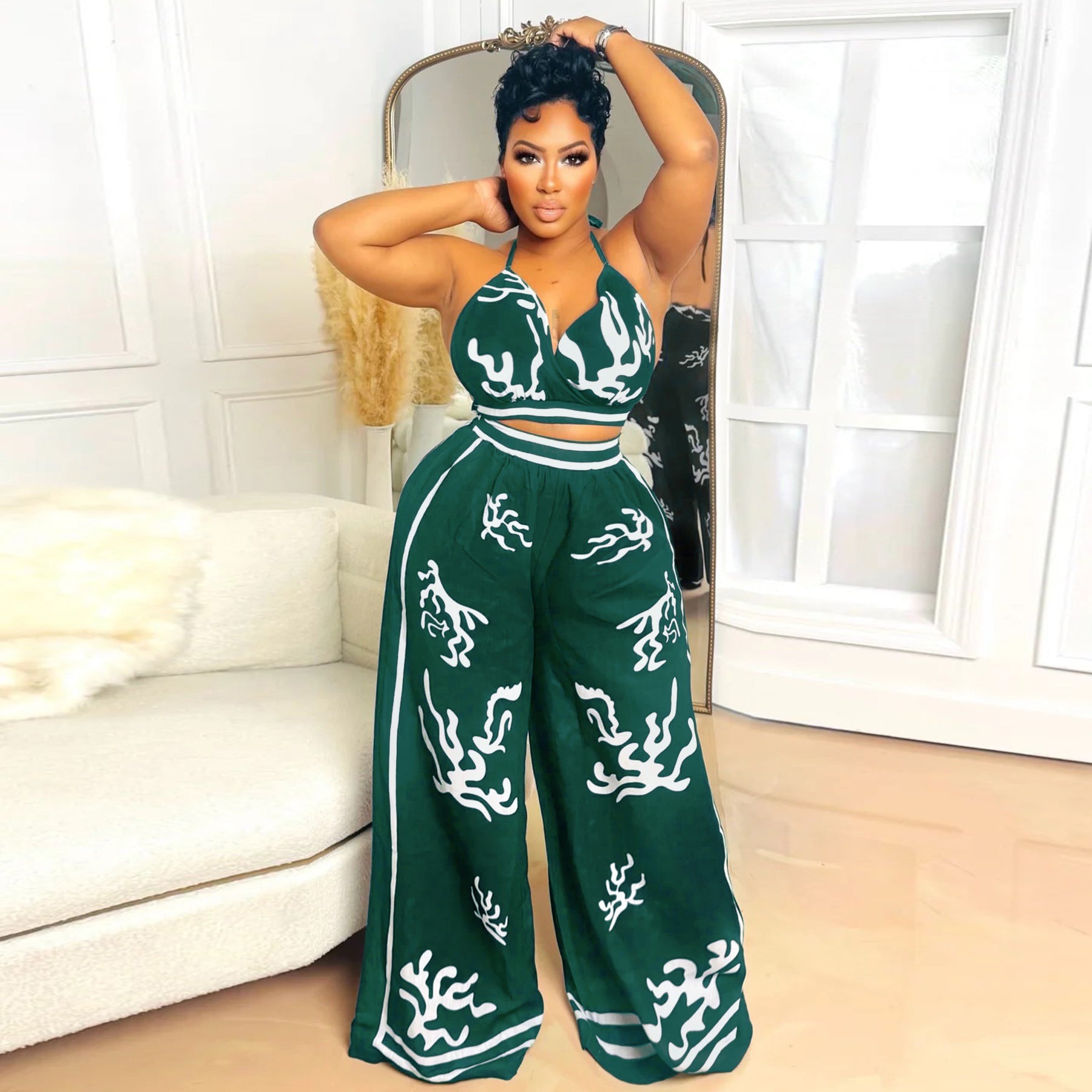 Summer Sexy Print Halter V Neck Vest Wide Leg Pants Two Piece Set 42