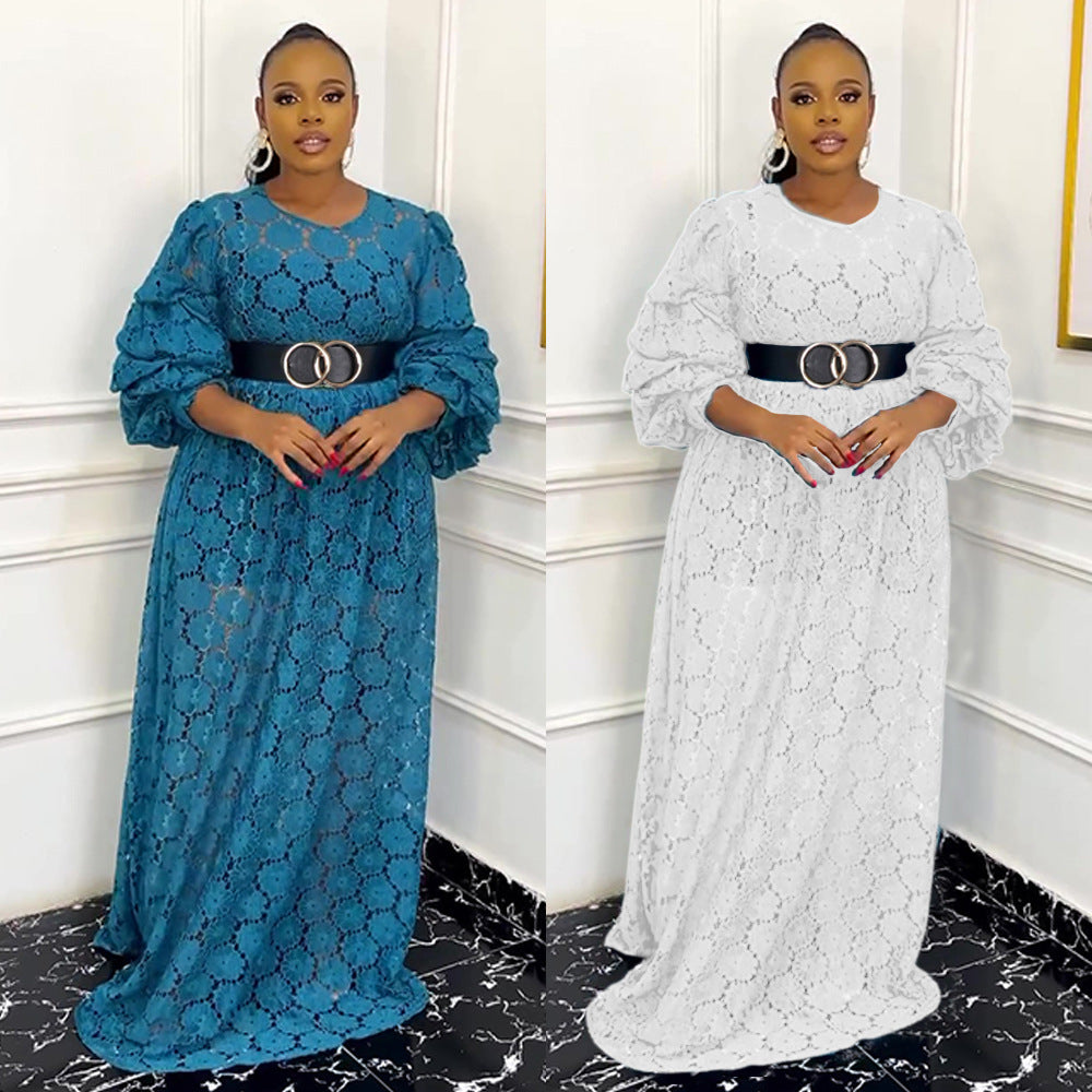 Plus Size Women African Round Neck Lace Dress 16