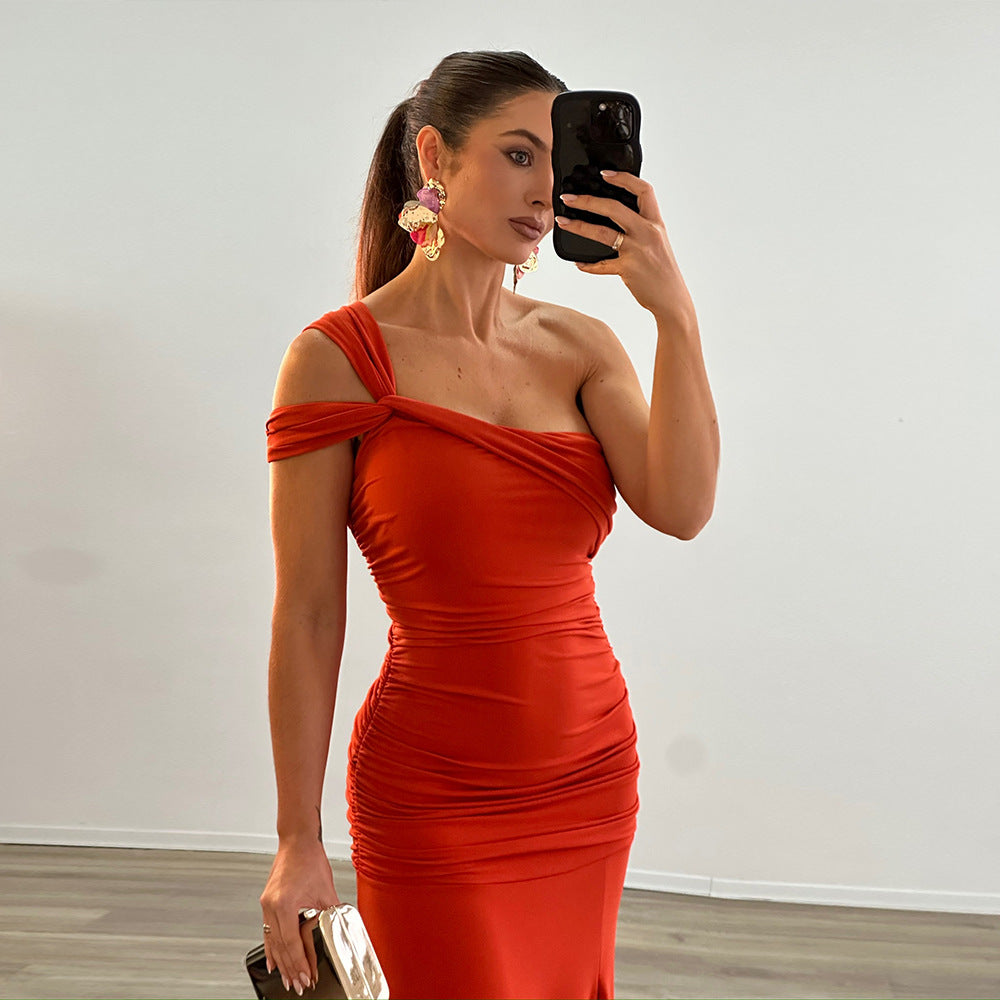 Summer Trendy Sexy Slash-Shoulder Slit Solid Color Ruched Sleeveless Maxi Dress 13