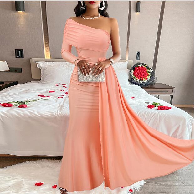 Summer Casual Sexy Women's Solid Color Slash Shoulder Slim Waist Long Dress 5