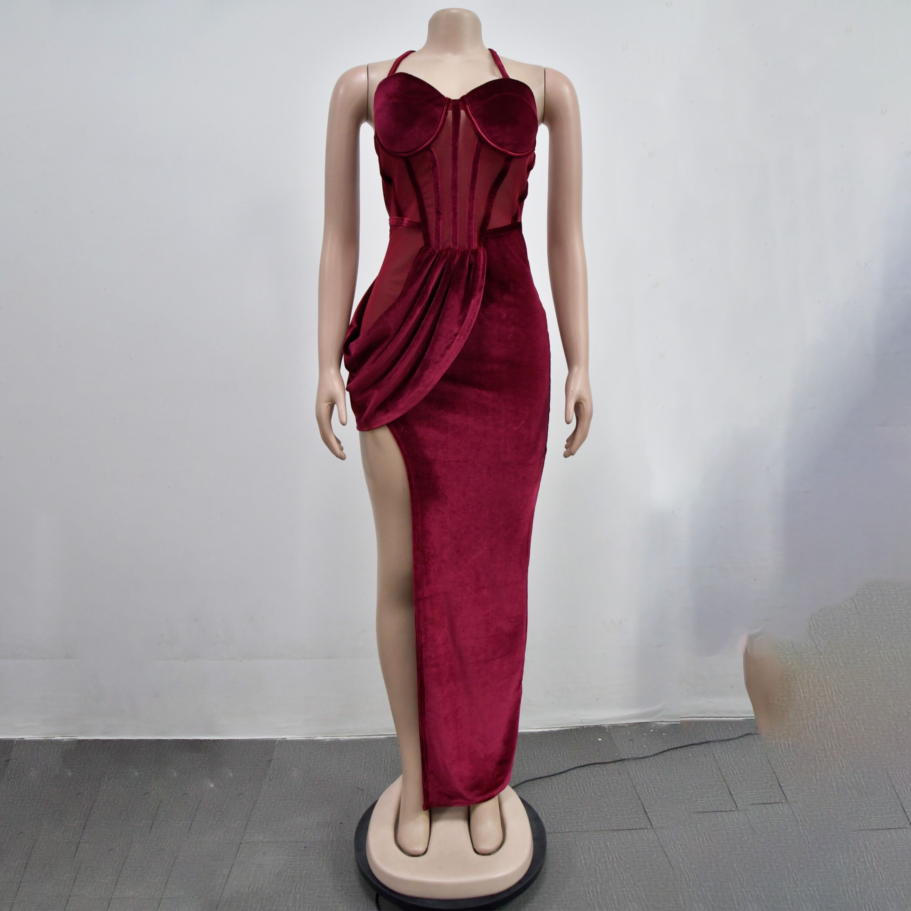 Fashion Women's Solid Color Mesh Straps Slit Long Dress 26