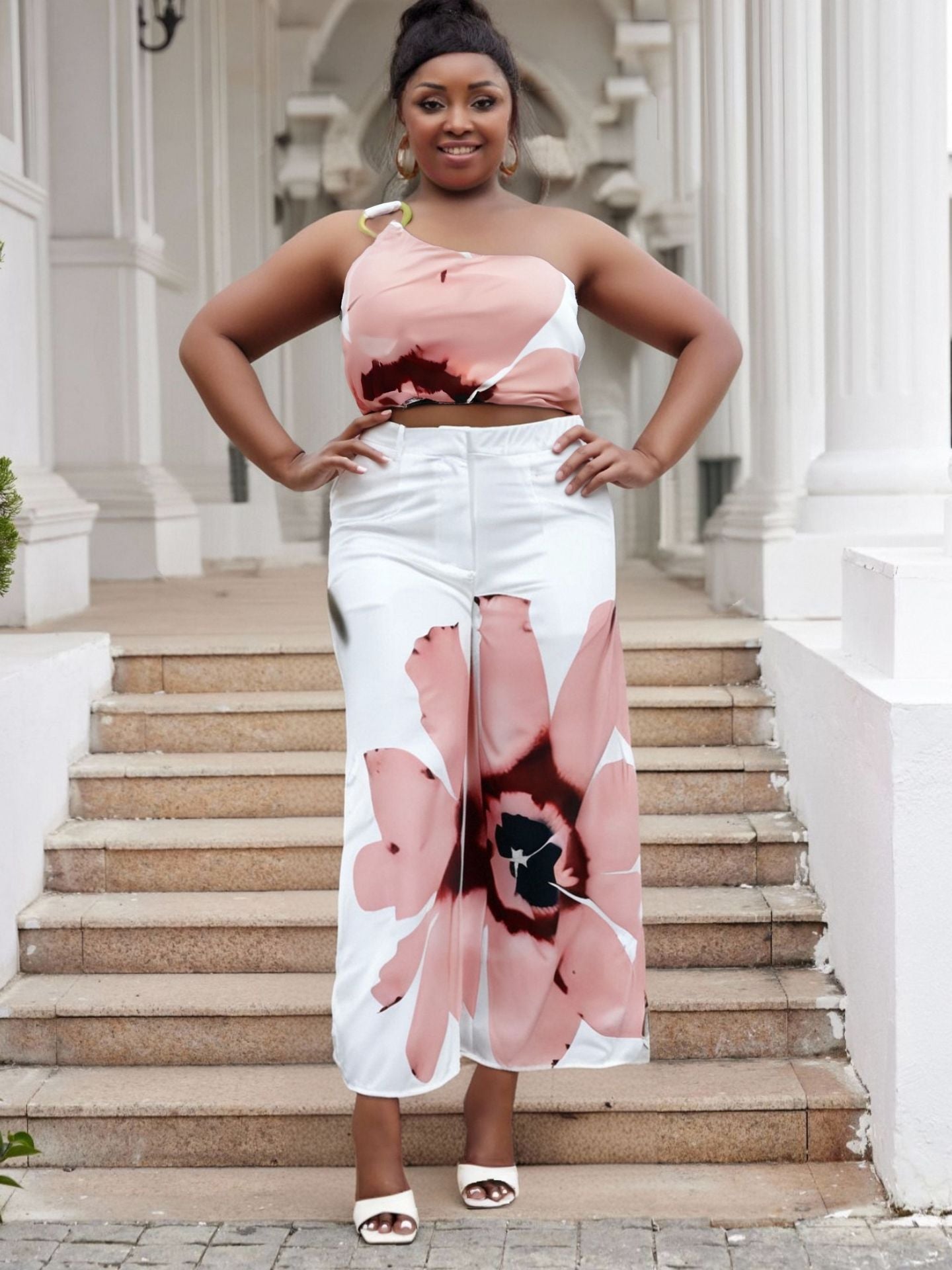 Plus Size Spring/Summer Printed One Shoulder Crop Top Wide Leg Pants Two Piece Set 11