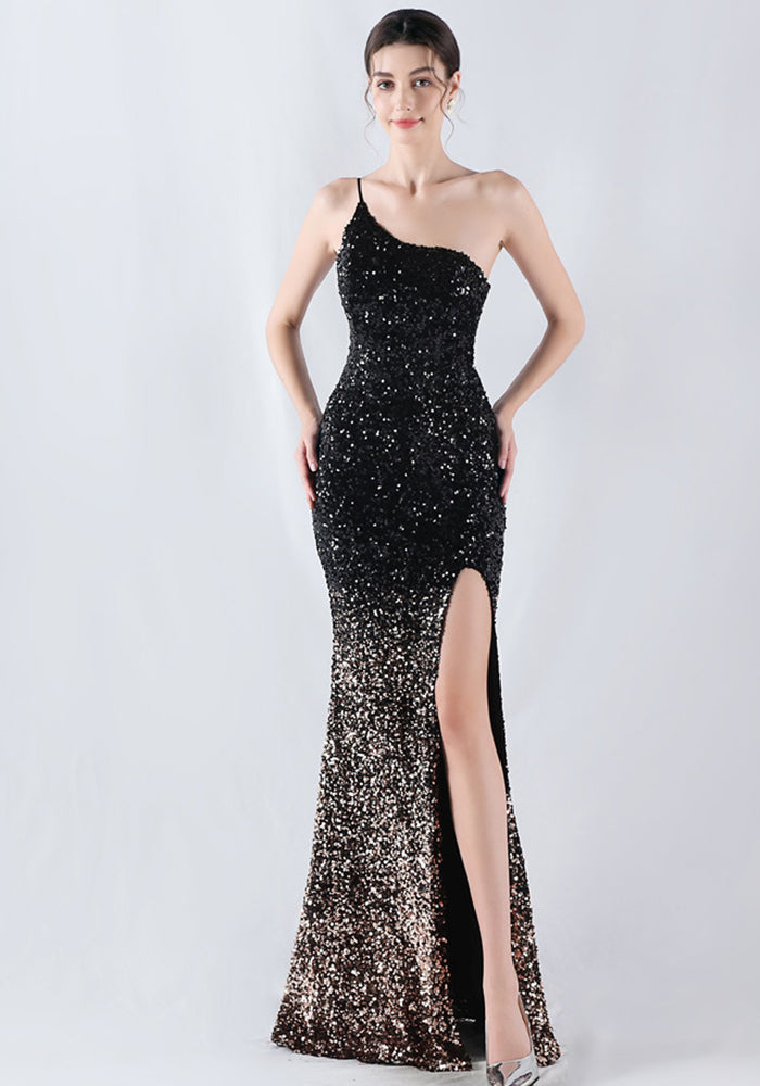 Gradient Sequins High Slit Slash Shoulder Sexy Evening Dress