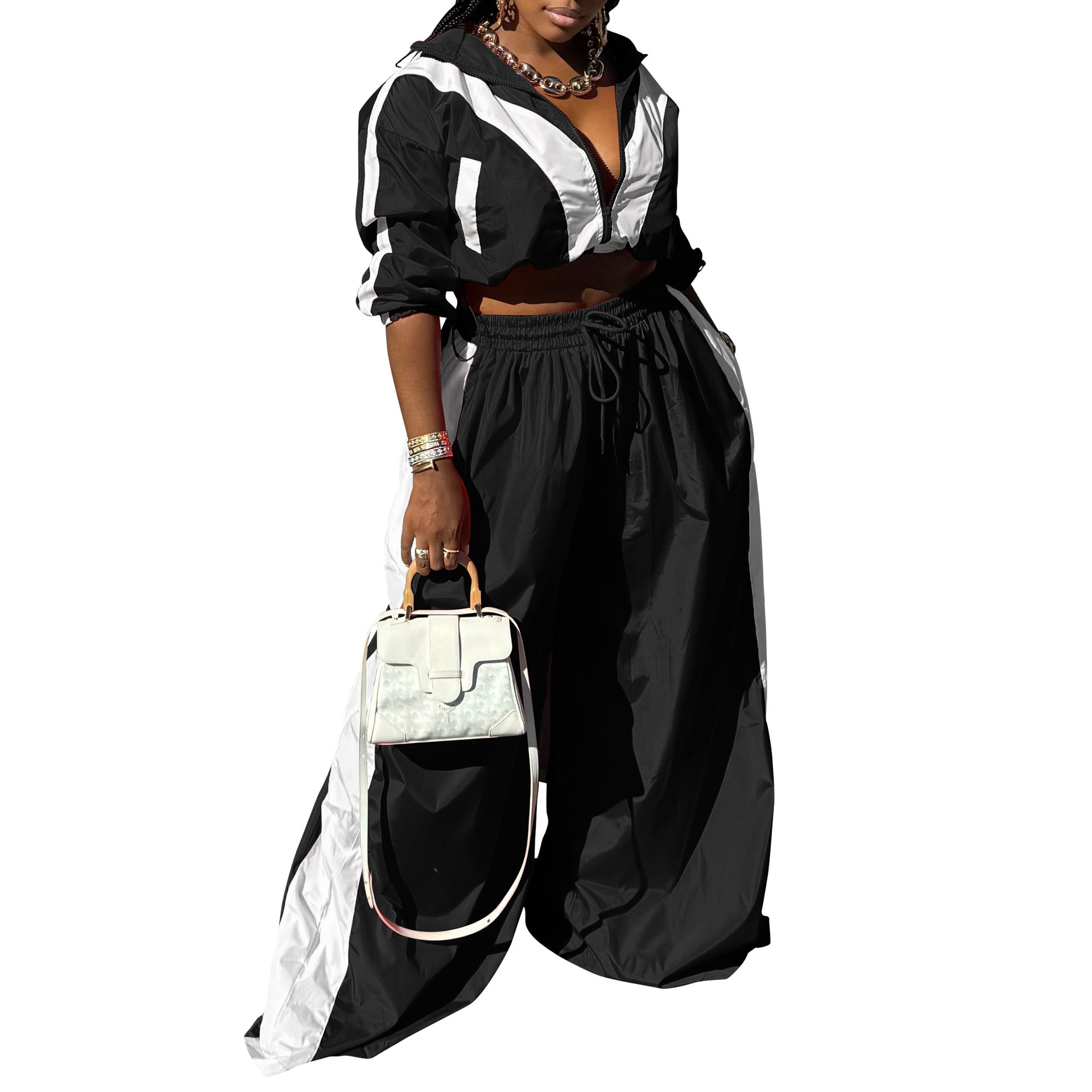 Women Sports Woven Colorblock Top and Pant Two Piece Set 9