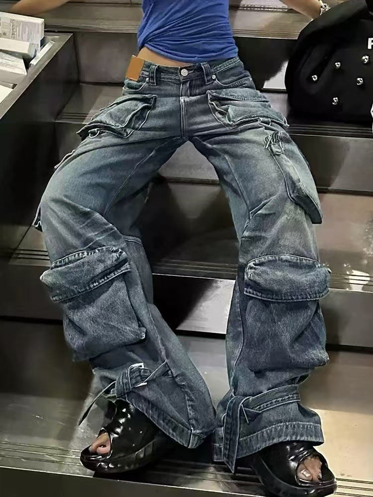 American Multi-Pocket Denim Cargo Pants Female Autumn And Winter Street Washed Wide Leg Trend Trousers 3