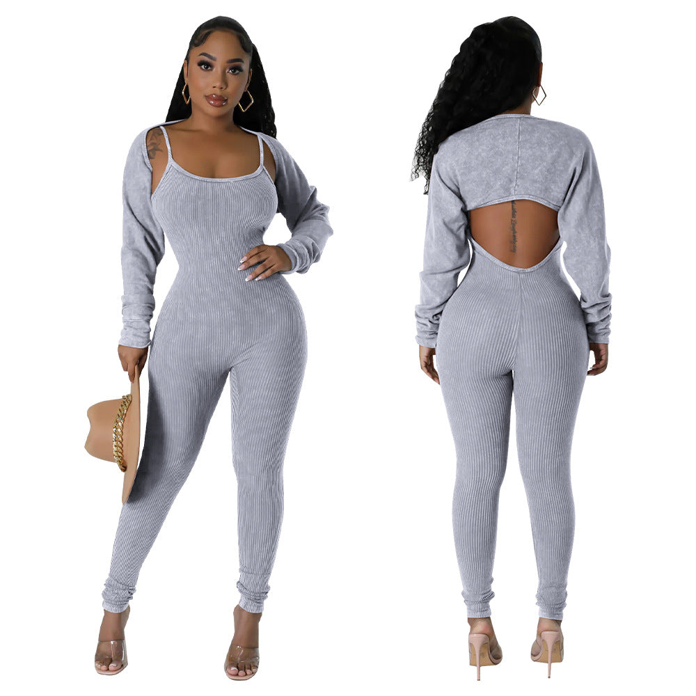 Women's Straps U Neck Sexy Tight Fitting Jumpsuit Long Sleeve Coat Two Piece Set 3