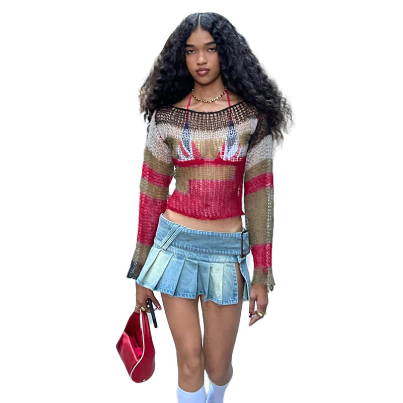 Autumn Women's Casual Contrast Color Knitting Round Neck Street Trendy Long Sleeve Tops For Women 7