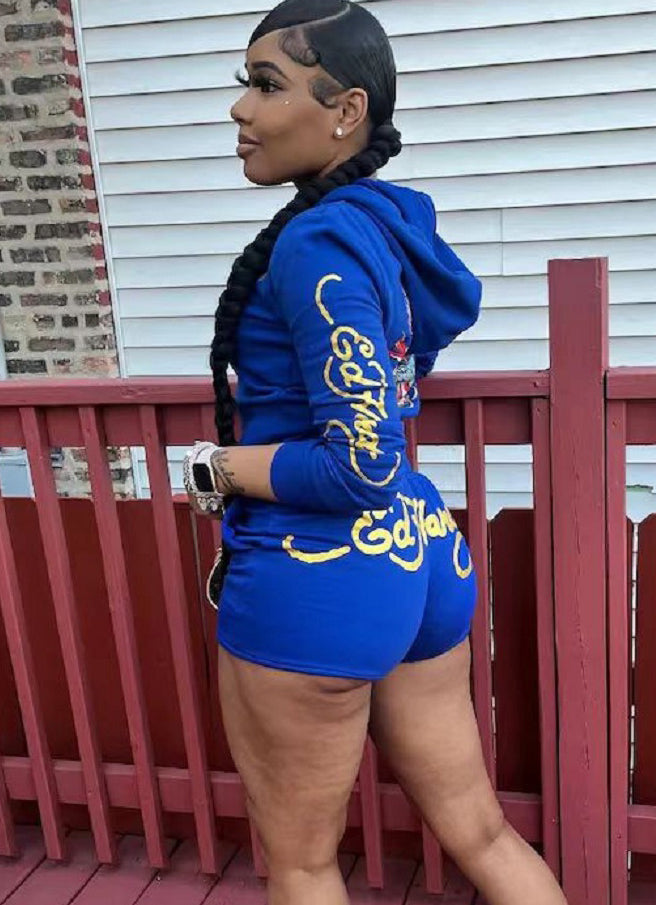 Trendy Printed Long-Sleeved Hoodies Shorts Two Piece Set 12