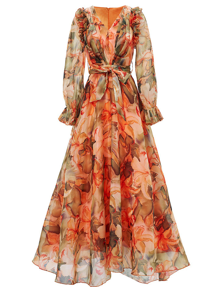 Elegant Women's Long-Sleeve V-Neck Ruffled Formal Party Mesh Evening Gown