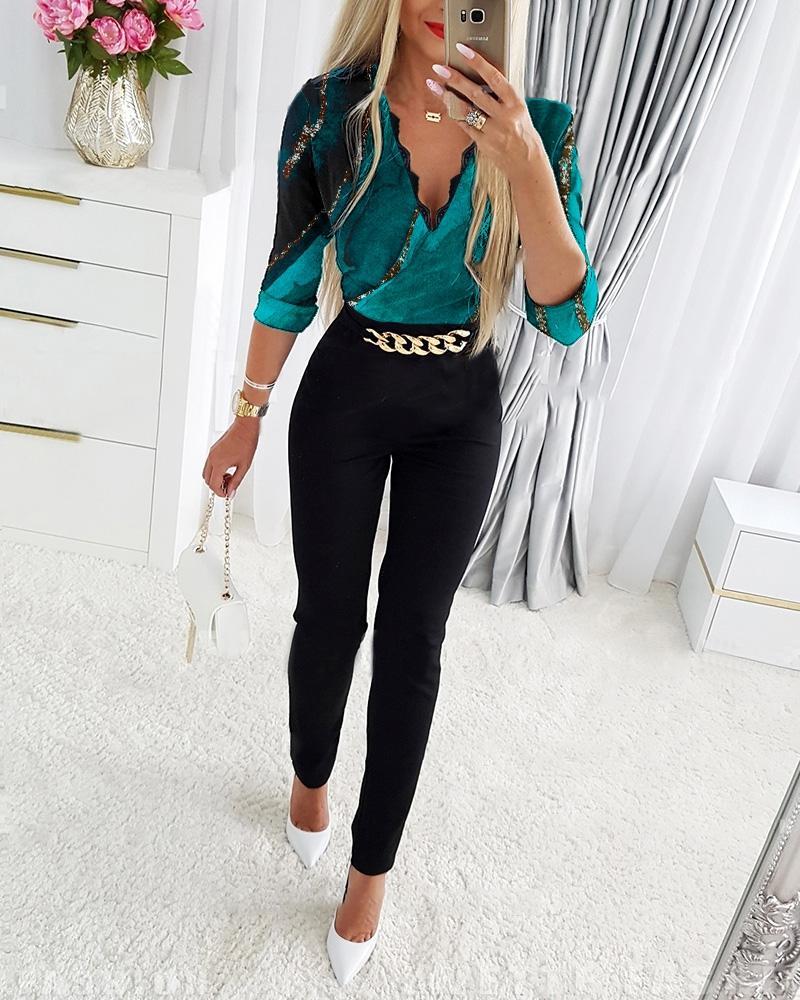 Women Autumn Clothes Color Matching V-Neck Chain Jumpsuit 3