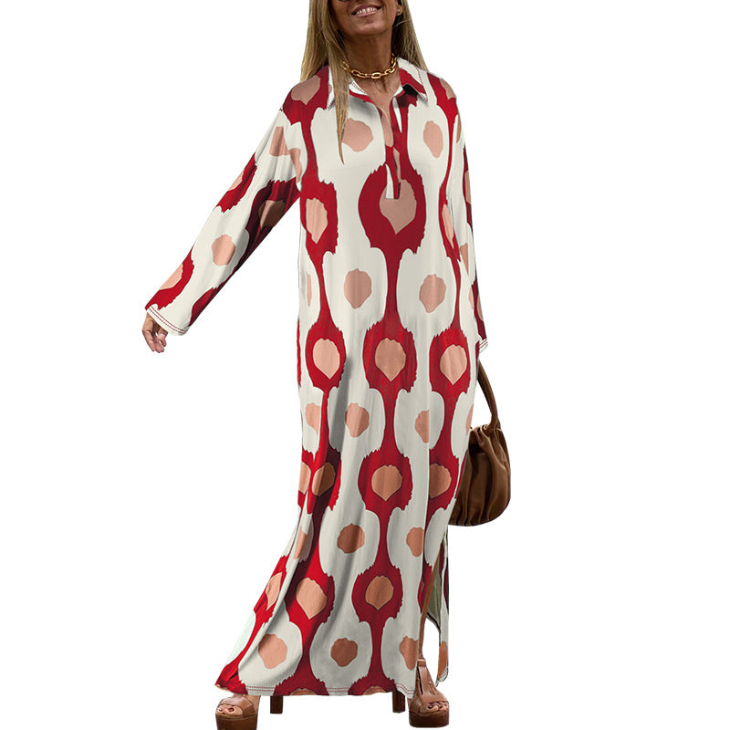 Plus Size Women Turndown Collar Long Sleeve Slit Loose Dress 13