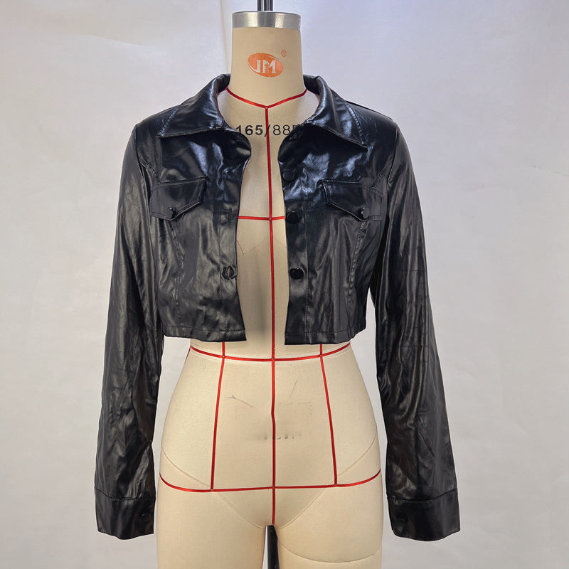 Women Sexy Crop PU-Leather Jacket 11
