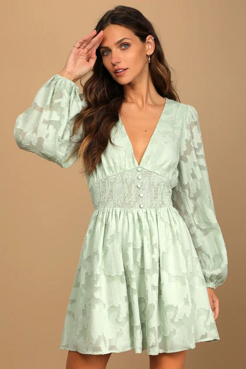 Women's long sleeve Casual V-neck chiffon hollow jacquard a-line dress 4