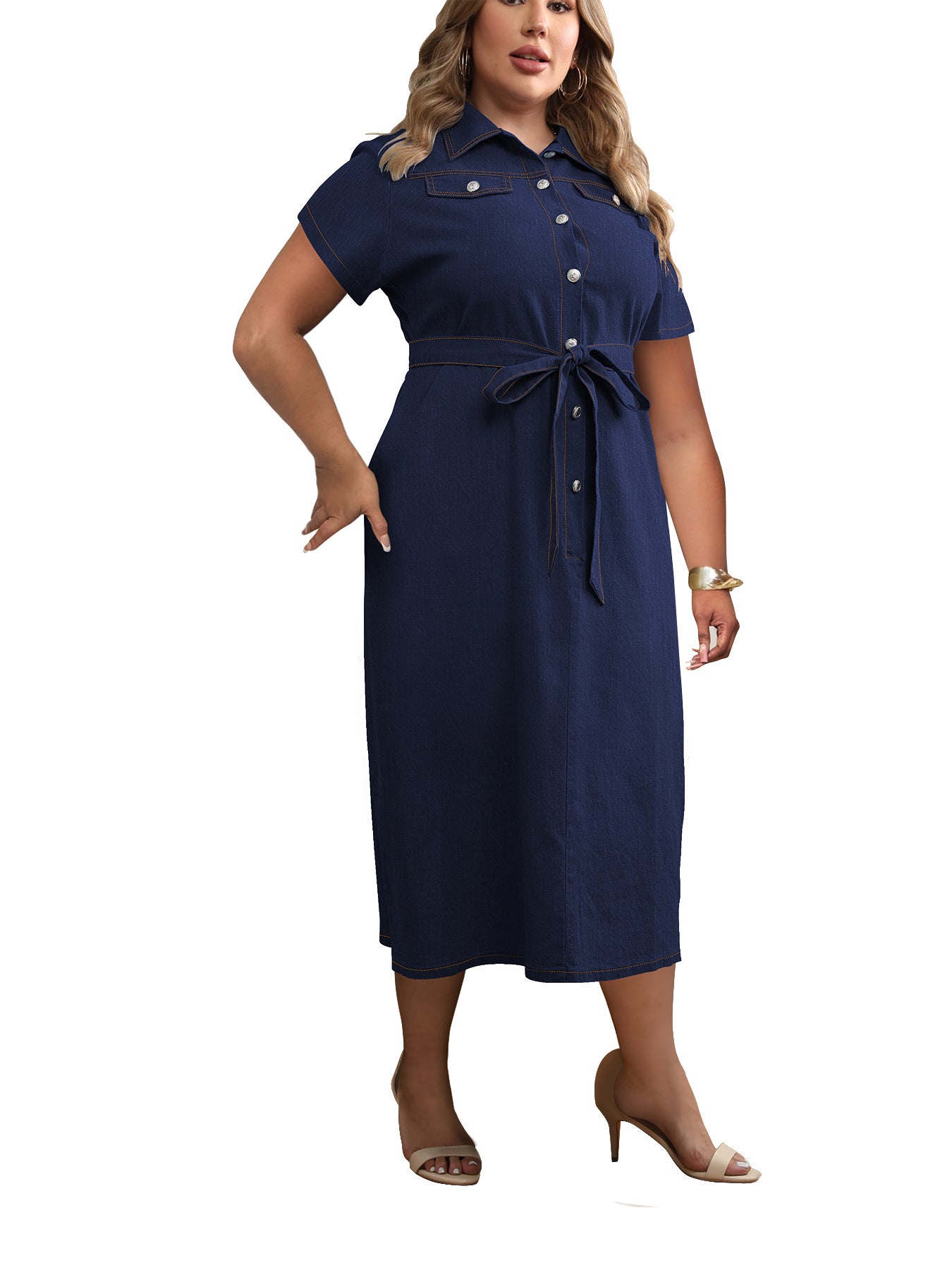 Plus Size Women Winter Turndown Collar Short Sleeve Dress 6