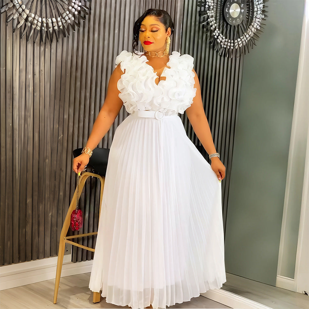 Women's African Plus Size Floral Sleeveless High Waist Pleated Gown Chic Dress 3