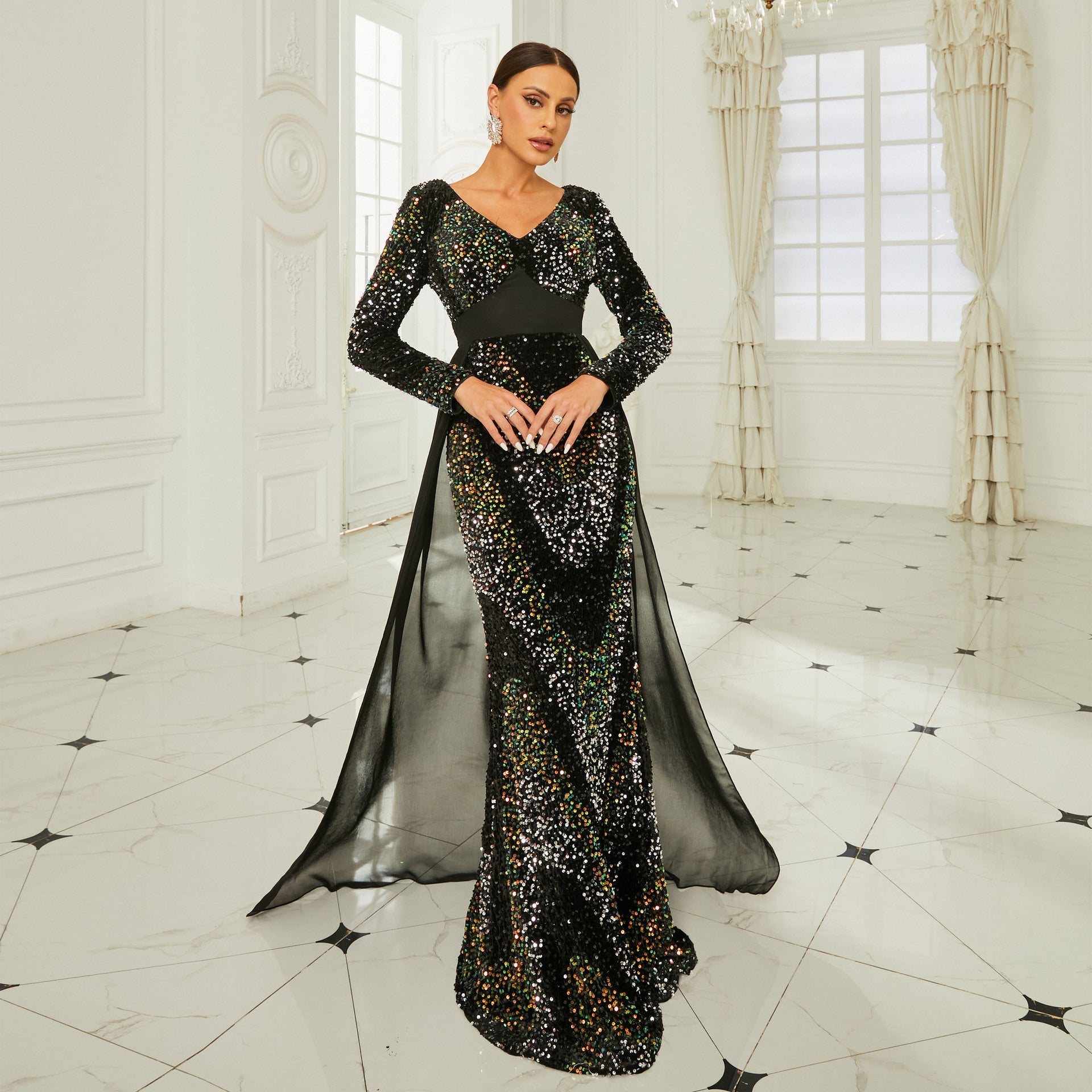 Long Sleeve V Neck Sexy Sequin Formal Party Evening Gown Long Bridesmaid Dress 6