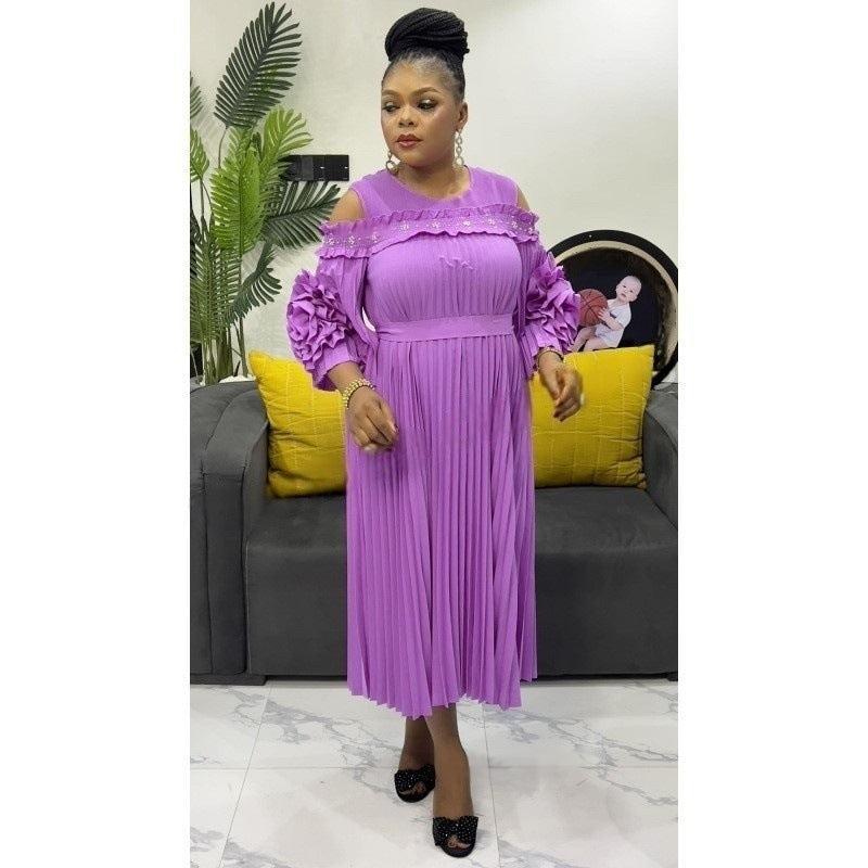 Beaded Cutout-Shoulder Pleated African Chic Loose Dress