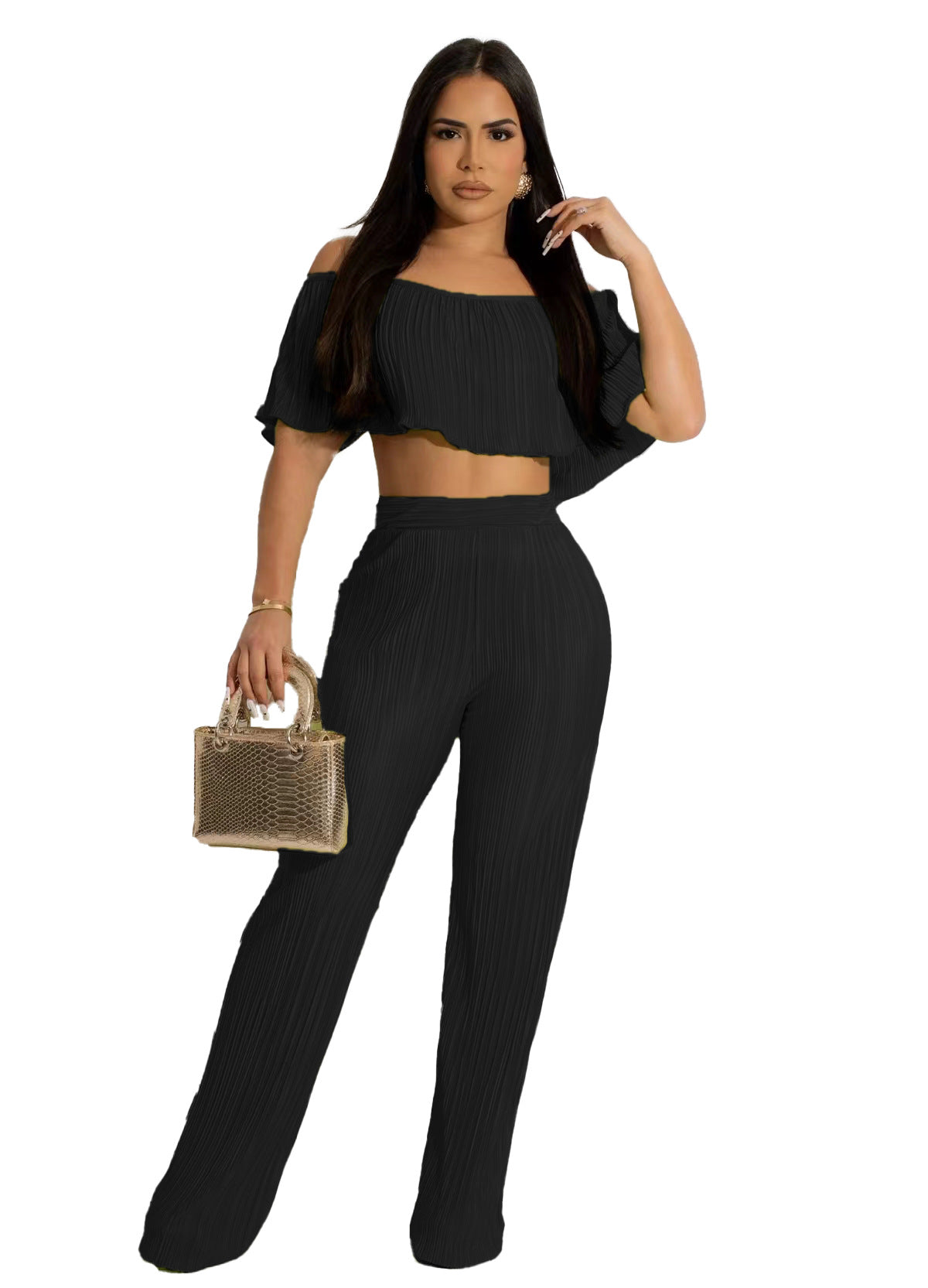 Women'S Solid Color Off-Shoulder Top Bell Bottom Pants Two-Piece Set 9