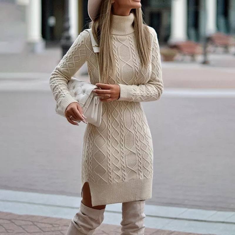 Women Solid Color Long Sleeve Turtleneck Sweater Dress 8