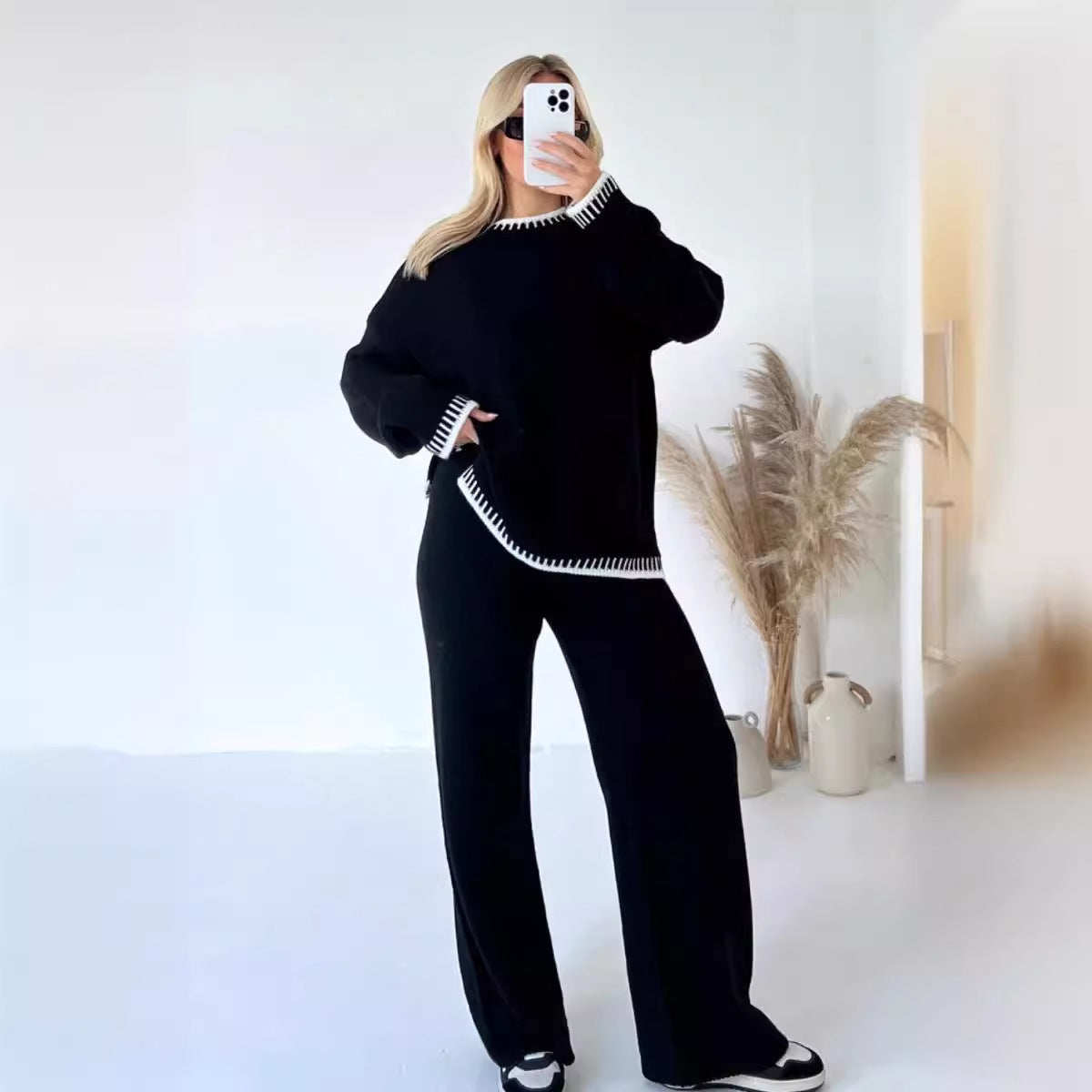 Autumn Winter Fashion Solid Color Sweater Pants Casual Loose Two-Piece Set