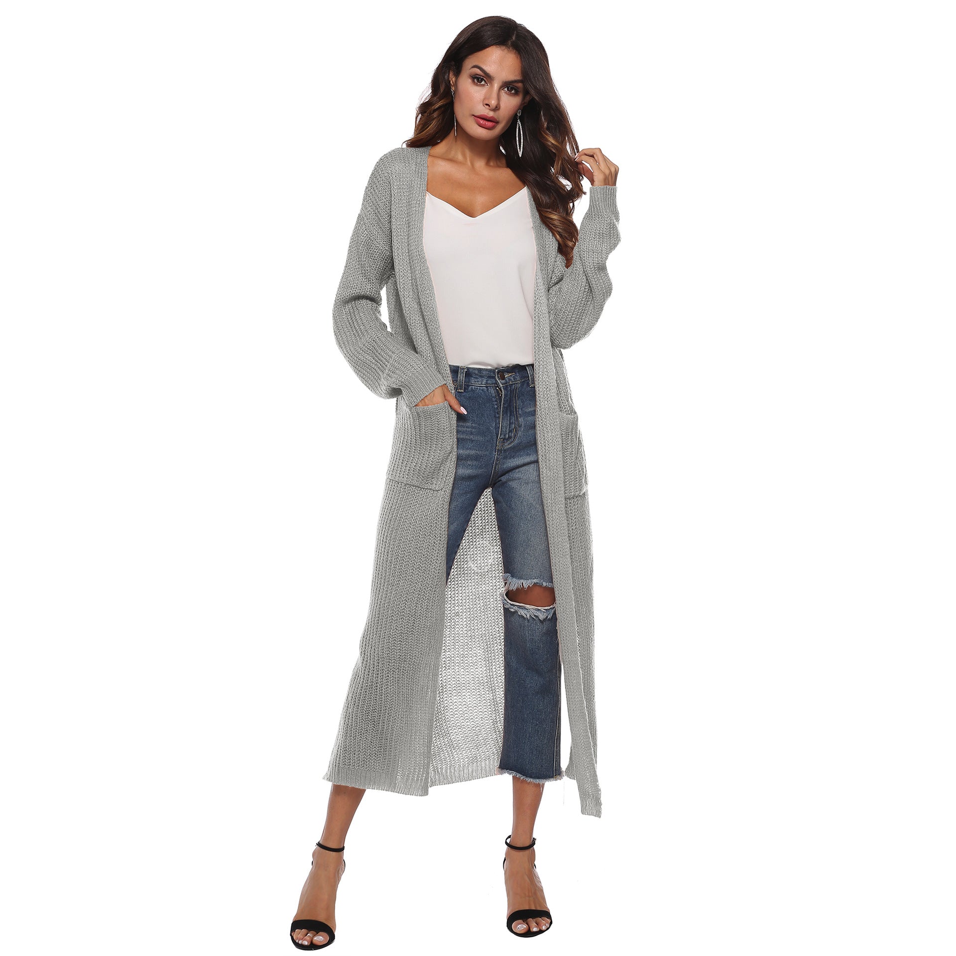 Women thin long coat with large pockets and slits 5