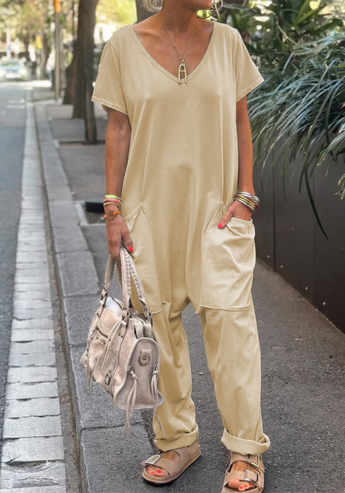 Women Spring Summer Solid Casual V Neck Short Sleeve Jumpsuit