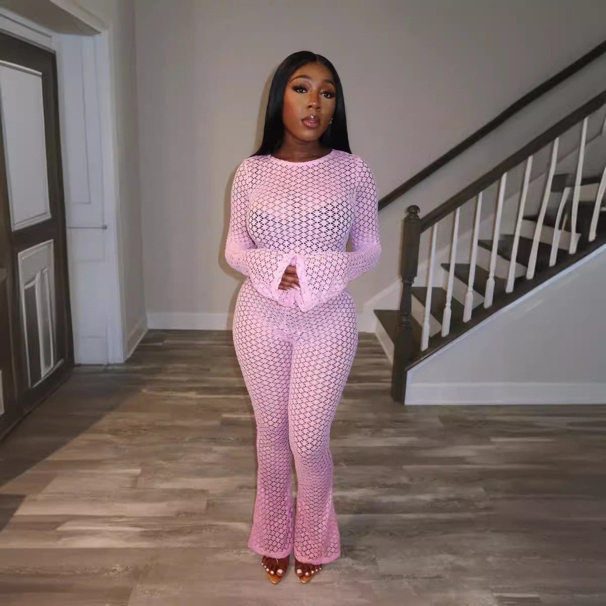 Women's Sexy Lace Ripped See-Through Crop Top High-Waist Long Pants Set 5