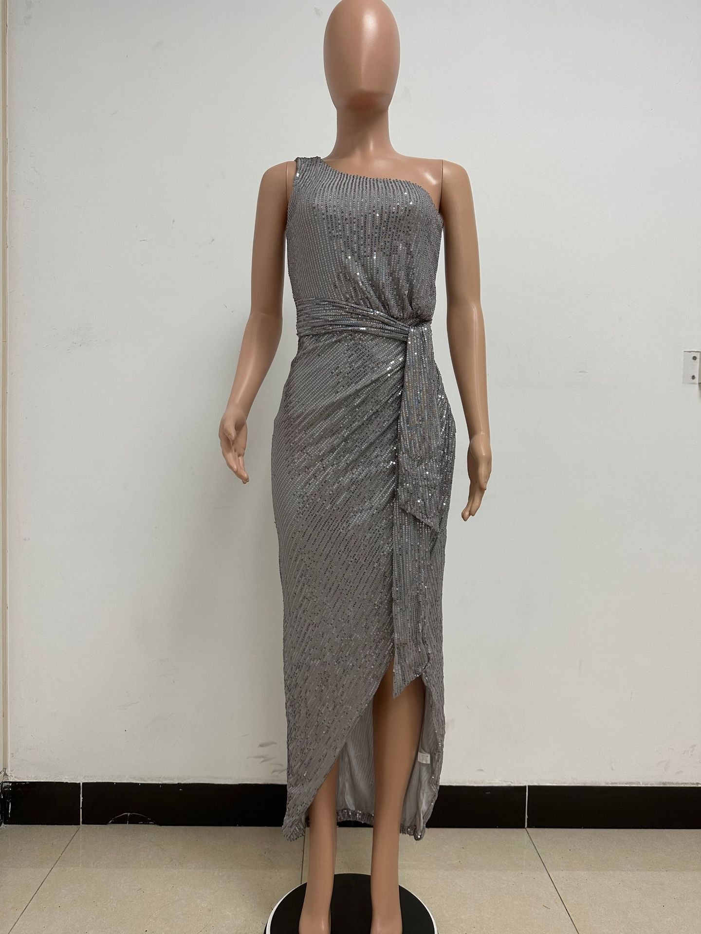 Women's One-Shoulder Lace-Up Sequined Evening Dress 100