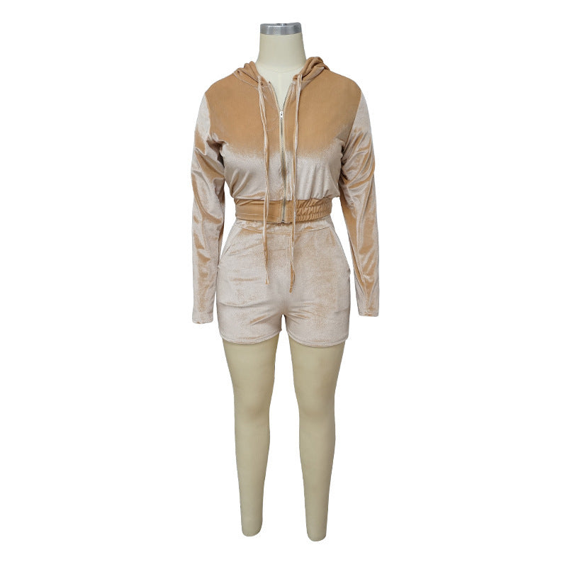 Women's Autumn Solid Velvet Hooded Long Sleeve Tight Fitting Two Piece Tracksuit 37