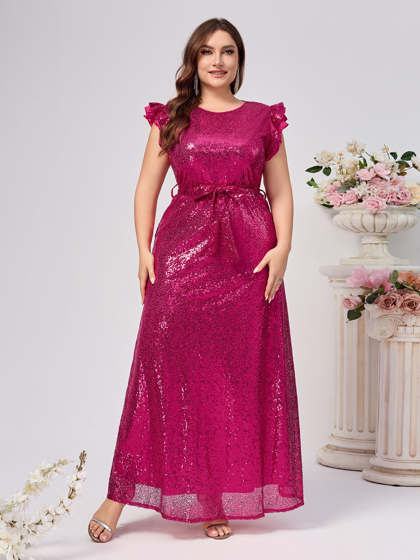 Plus Size Women Sequin Sleeveless Belted Round Neck Sexy Party Dress 5