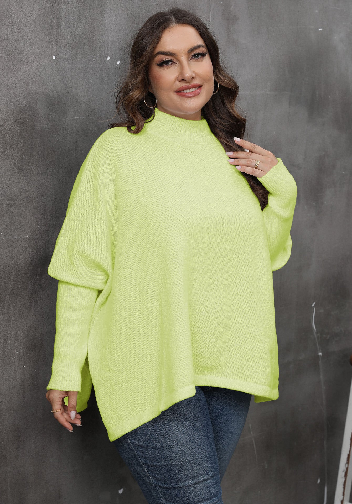 Women's Pullover Top Plus Size Women's Slit Bat Sleeves Turtleneck Loose Sweater 20