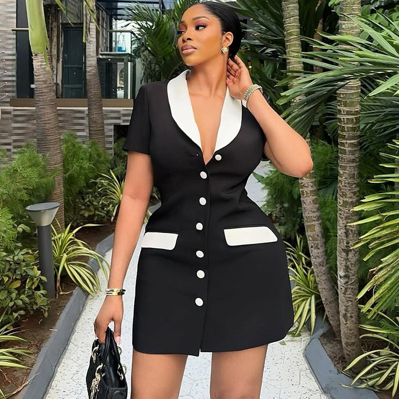 Women's Chic Black-White Contrast Button Short Dress