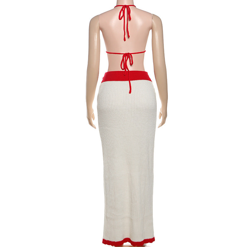 Women's Autumn Sexy Knitting Crochet Halter Neck Camisole Color Block Slim Skirt Set 9