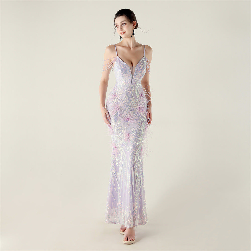 Women Beaded Feather Decoration Beaded Fishtail Evening Dress 12