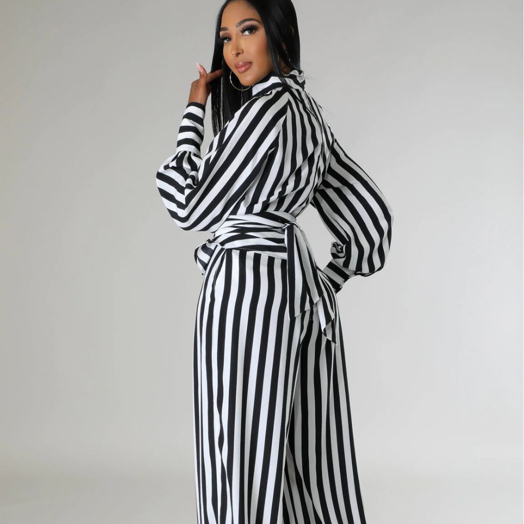 Women's Striped Printed Long-Sleeved Top Loose Wide-Leg Pants Two-Piece Set