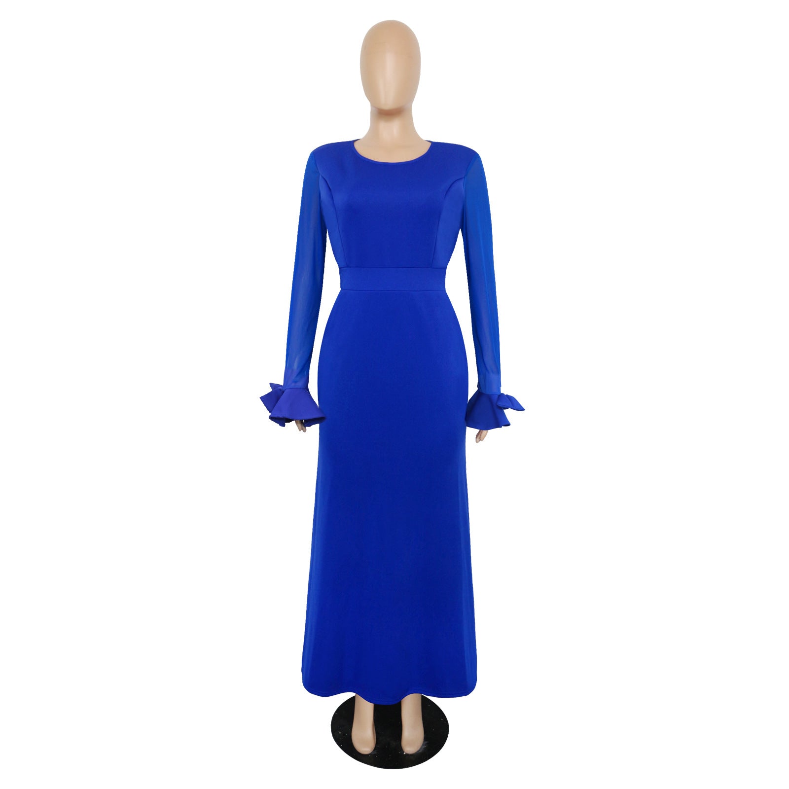 Women's Round Neck Long Sleeve Mesh Patchwork Maxi Dress Solid Plus Size Dress 17