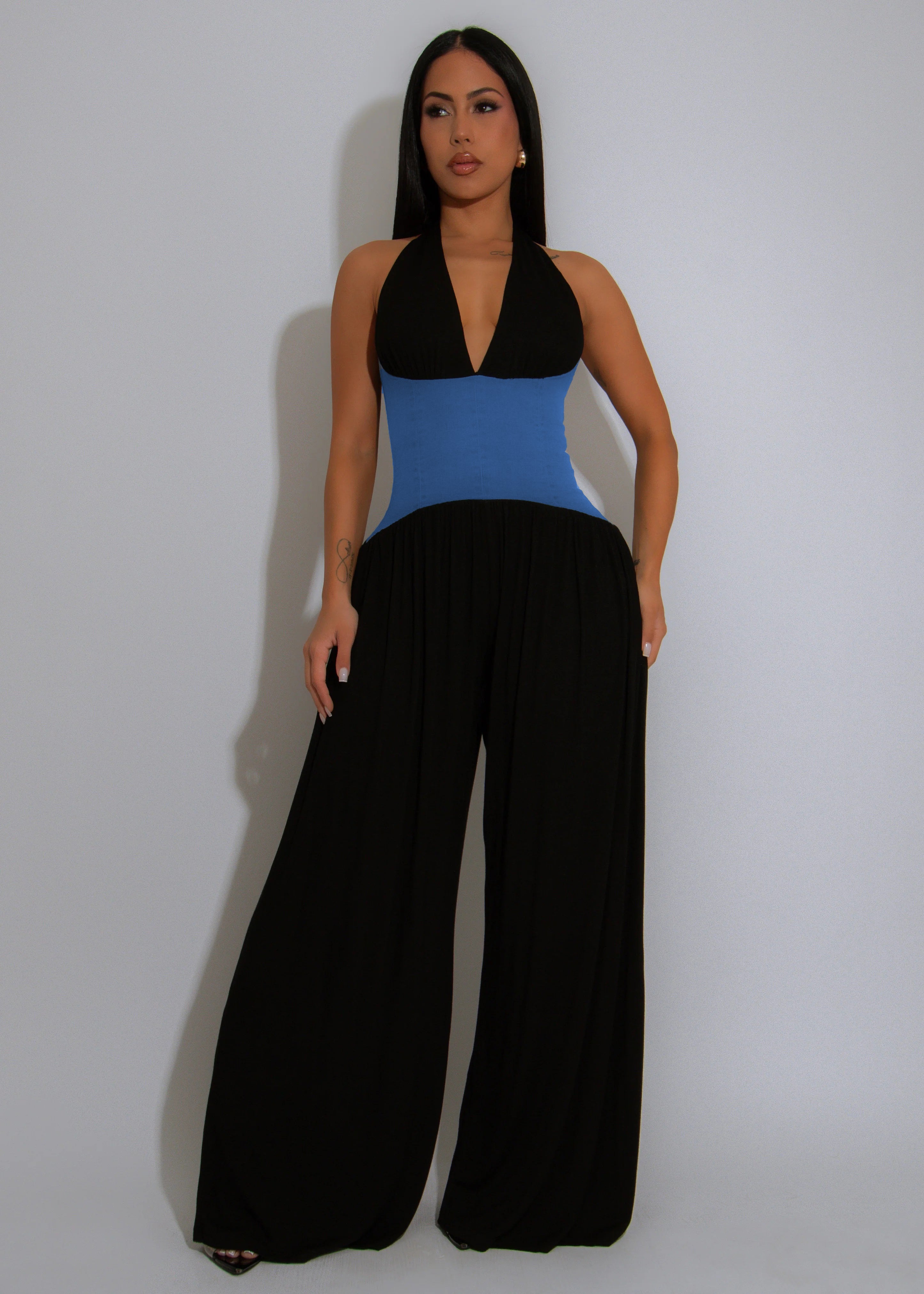 Women Halter Neck Sleeveless Patchwork Wide-leg Jumpsuits