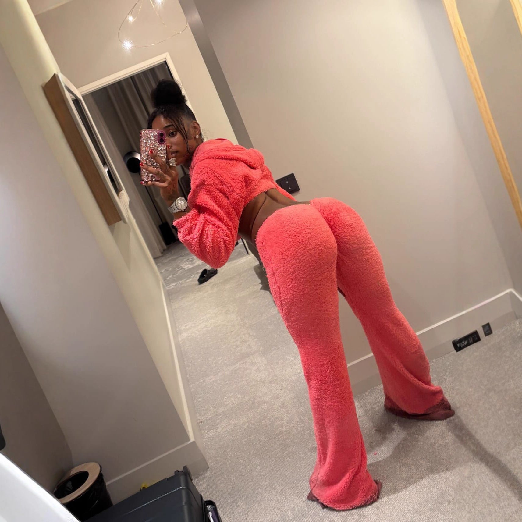 Women's Pink Plush Fashion and Comfort Two-Piece Pants Set 5