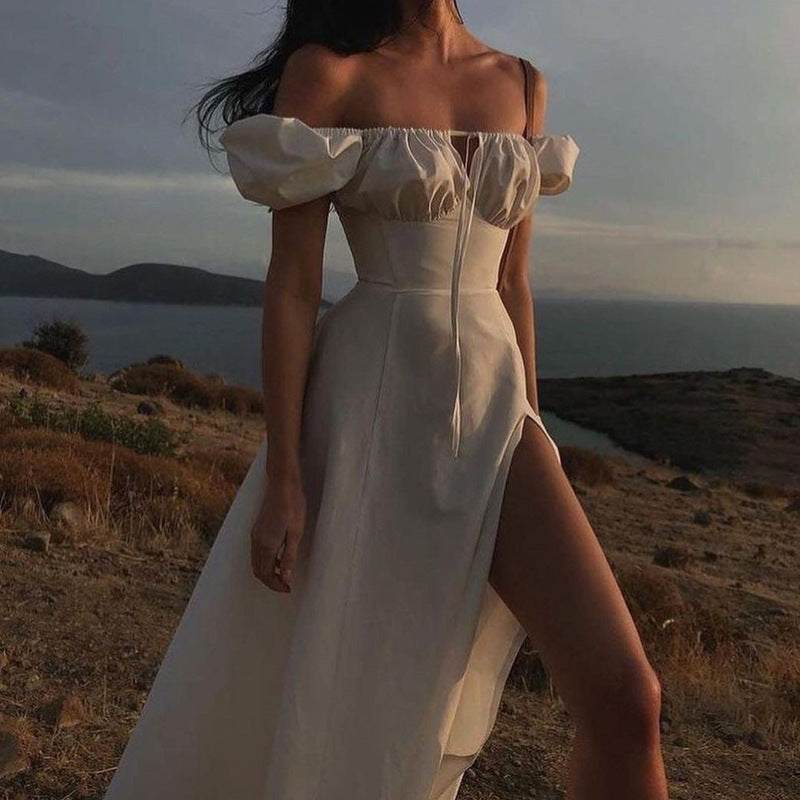 Spring Summer Dress Women's Slimming Off Shoulder Puff Sleeve Tie Slit Long Dress 7